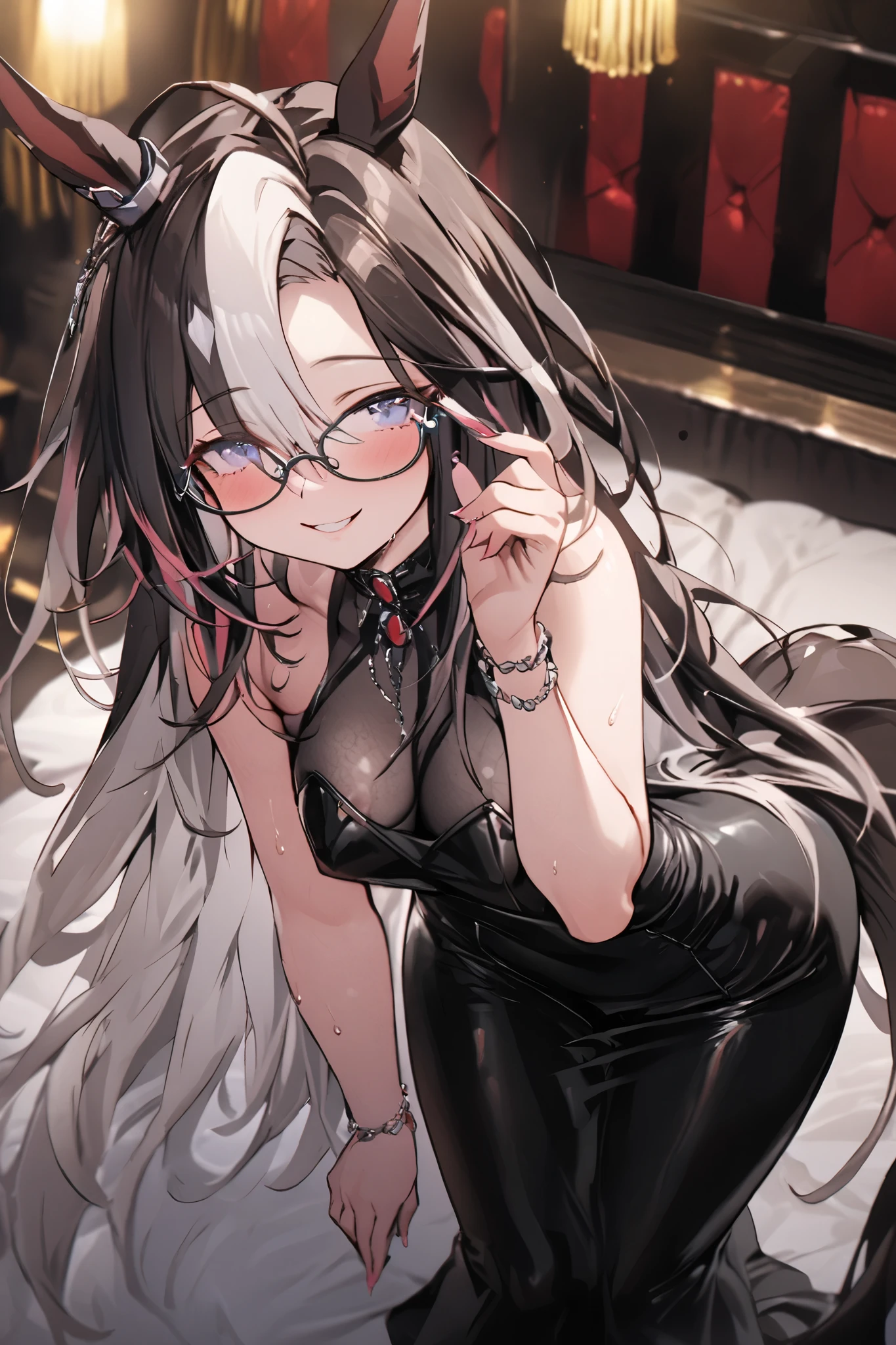 NSFW,masterpiece, top quality, high definition , very detailed,Dream Journey,Dream Journey\(Horse Girl\),Glasses,Two-tone hair,(Prostitute), tight dress,Chest cut-in, party venue , playful smile