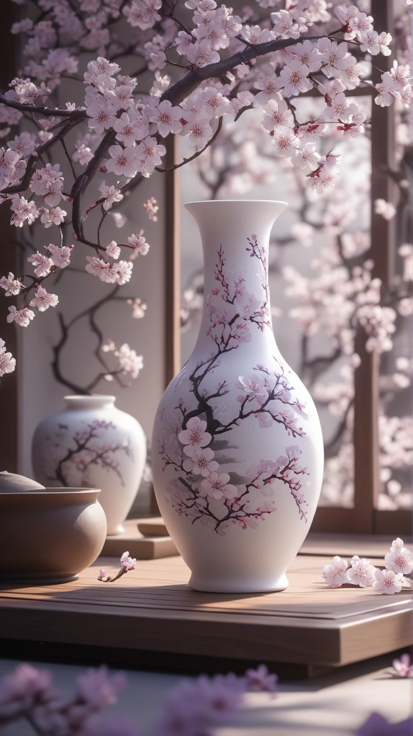 Black and silver Japanese pottery   , beautiful yellow camellias and purple berries are very long, narrow vase , soul,  fairy tale, soul、soul,   colorful  ,  Japanese garden 、  cinematic monotone lighting  , 8k, Bage design  、  High Quality  、   waving his greatest masterpieces 