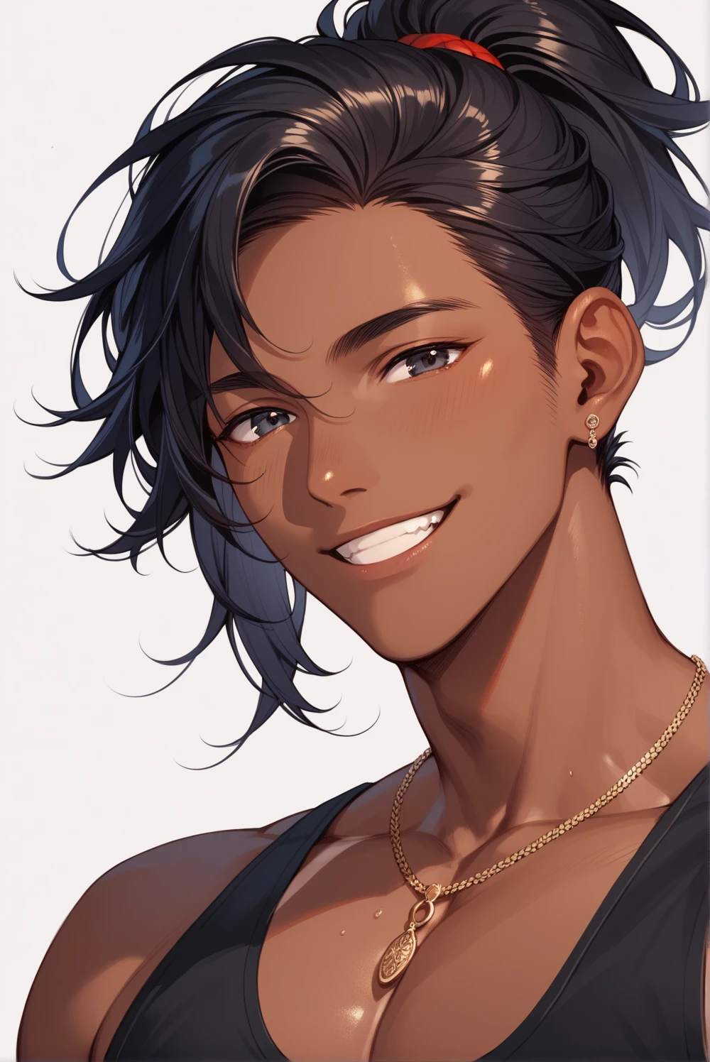 (masterpiece, high resolution, Top quality), unique , 1 male, 29-year-old male , nice , tanned skin , dark haired, man's ponytail , black eyes , sly smile , black skin
