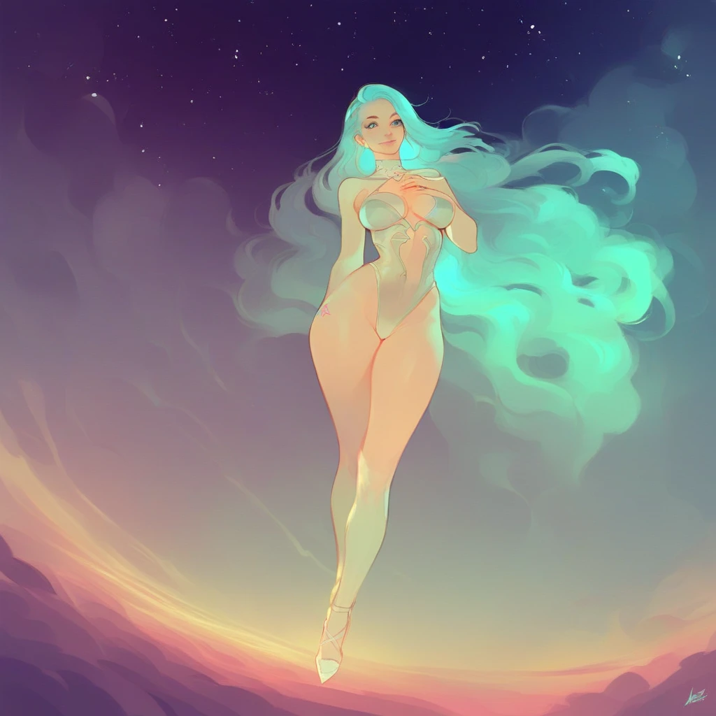 Anime perfect body naked nude woman, blonde long hair, iluminated blue eyes, red lips, perfect small nude breasts, nudehairy pussy, flying between clouds  in ambient desert beach naked nude perfect body, sexy smile, Supergirl