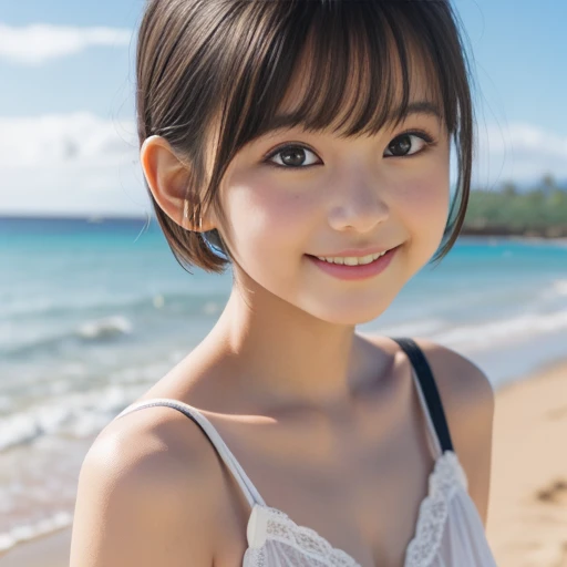 (1 girl, alone, Japanese Boy), ,highest quality, Tabletop, 8k, High resolution, Super detailed, (Portraiture), Recall, Women、Black Hair, short hair, Hair Clip, Shiny skin, Flat Chest, smile,  (Primary school students:1.5, Swimwear,  summer, blue sky, thunder head, Ocean,