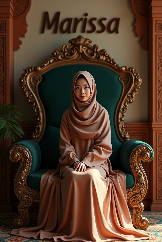 A gorgeous young muslim girl sitting in a big chair and behind the wall written "Naziya Shaikh"