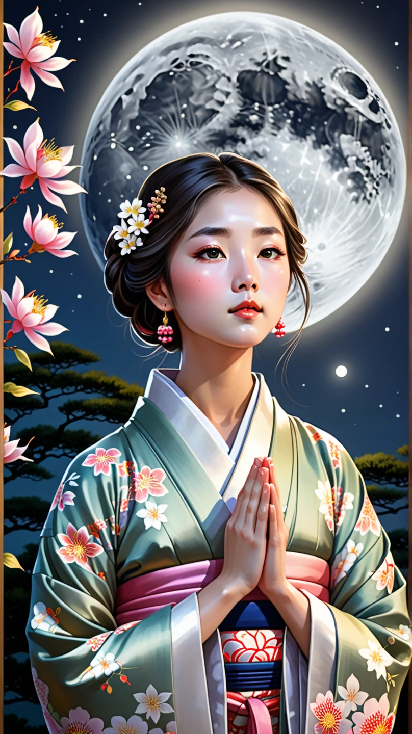 Big light blue crescent moon　Mizuki Shigeru style illustration　Light blue kimono with skull pattern　Very beautiful Japanese women　Night Sky　Lots of sunflowers　Night SkyとLots of sunflowers　Best Image　Highest quality　spiritual　Spiritual world　A soft smile　nature　blue Moon