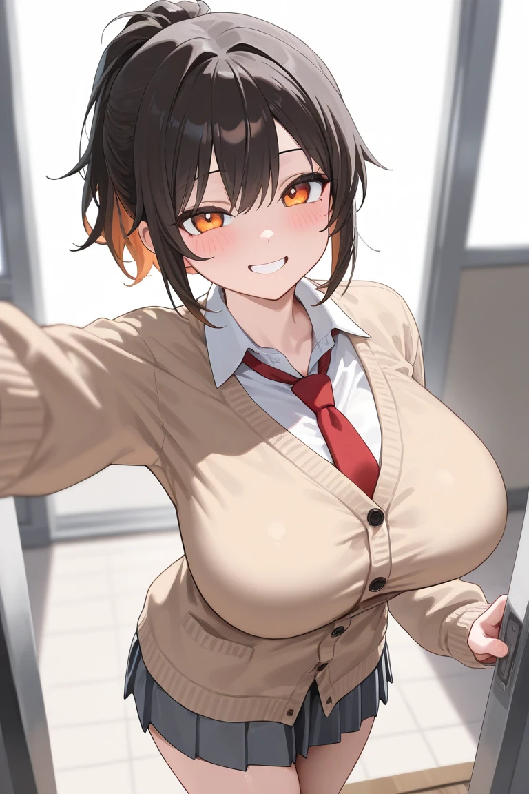 (Best quality, 4k, 8k, high resolution, masterpiece:1.2), ultra detailed, intricate details,SOLO,Cute girl, alone, school uniform, short hair, hair in a ponytail, black hair with brown ends, orange eyes, large breasts,Saggy breasts:1.2, tie, cardigan, blush, perfect smooth skin, looking at viewer, grin, head tilted, 