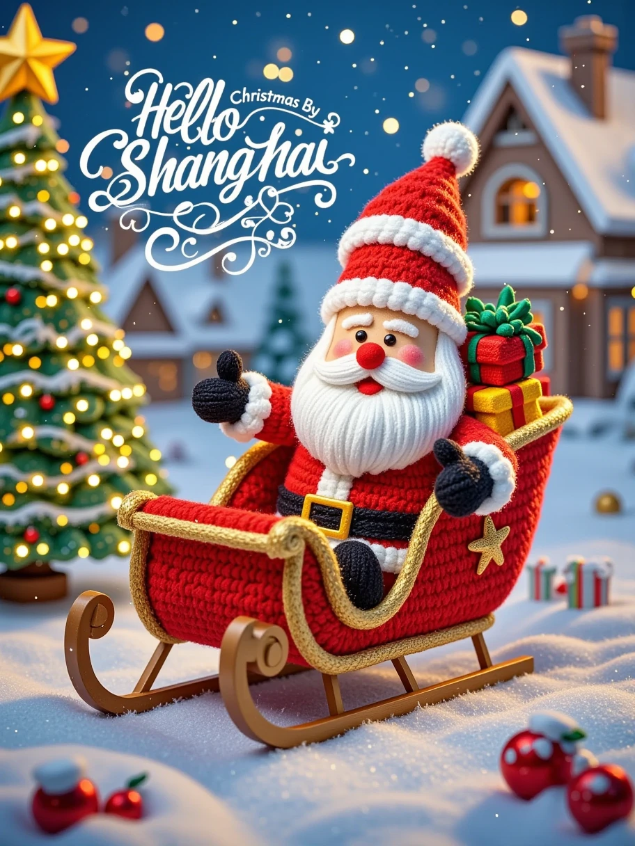 Woolen yarn, hand woven, Micro Landscape, A vibrant CGI Christmas scene. There is a shiny logo on the screen with white letters that read 'Hello ShangHai'. Santa Claus happily sat on a golden sled filled with gifts,Flying in the sky. The house behind him and the flickering lights,including a snow covered Christmas tree,create a magical backdrop. The overall atmosphere is whimsical and full of joy,capturing the essence of Christmas Eve holiday. 3D cartoon style,panoramic perspective