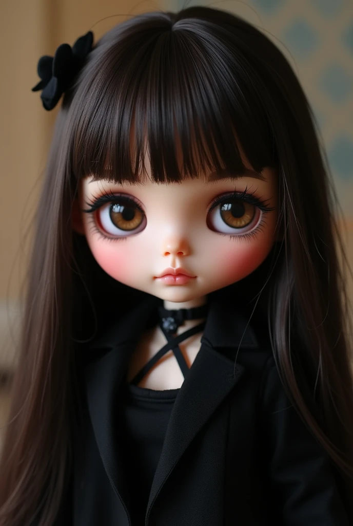 generate a blythe doll with the following features, girl, medium long hair, dark brown hair, highlight makeup on the eyes and smokey eyeliner, slightly red lips, black top without sleeves and medium transparent collar, high quality portrait, realistic, hairstyle mixed to the side, dark eyes and nose a little thick