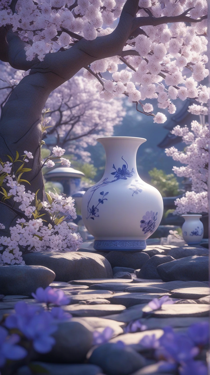 Black and silver Japanese pottery   , beautiful yellow camellias and purple berries are very long, narrow vase , soul,  fairy tale, soul、soul,   colorful  ,  Japanese garden 、  cinematic monotone lighting  , 8k, Bage design  、  High Quality  、   waving his greatest masterpieces 