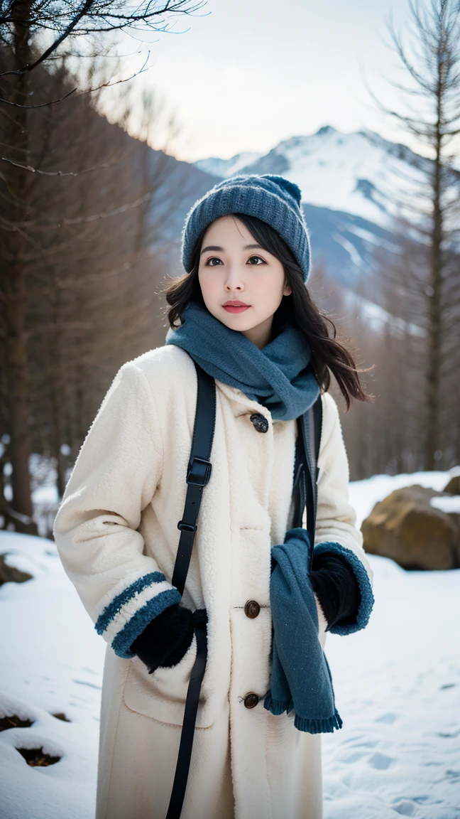 (best quality,4k,8k,highres,masterpiece:1.2),ultra-detailed,(realistic,photorealistic,photo-realistic:1.37),snow-capped mountain peak,beautiful girl with rosy cheeks,twinkling eyes,long flowing hair,thick woolen coat,gloved hands,small backpack,hiking boots,serene winter landscape,portraits,vivid colors,cold blue and white tones,soft natural lighting.