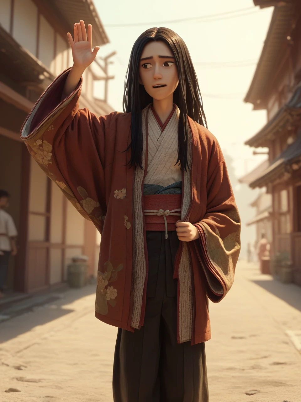 Score _9, Score _8_climb, Score _7_climb, Score _6_climb, Take a break, laikubo , 1 young boy,  alone, brown, Long hair, Black hair, Kimono, smileclimbper body,  left hand raised , day, outdoor, Waving,  looking at the audience ,  three-dimensional lighting 