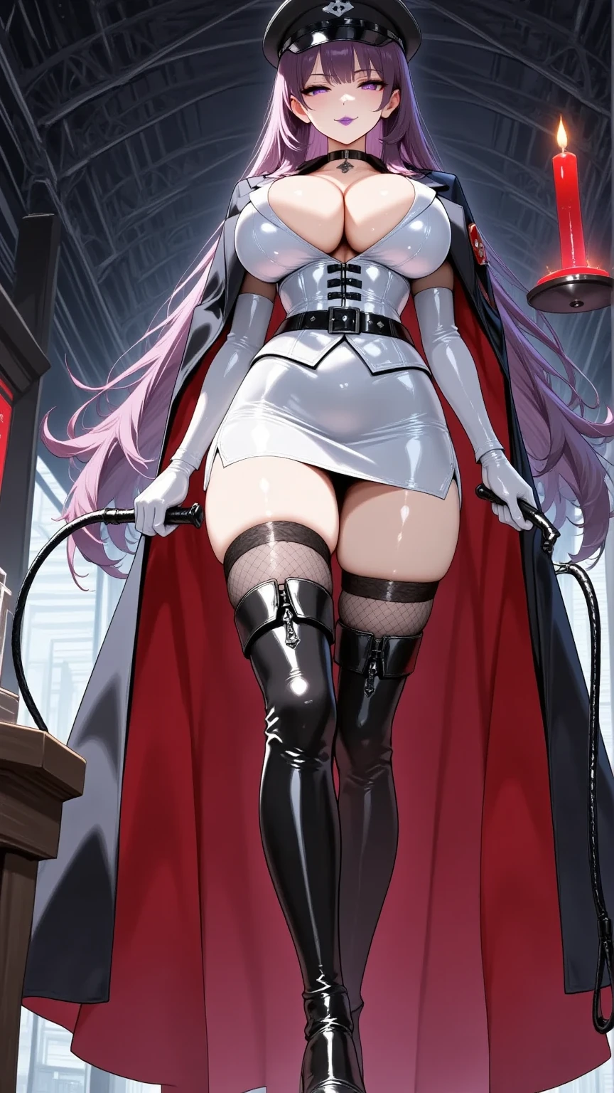  Young Beautiful Woman,(masterpiece, top quality, very detailed depiction, Incredibly Absurd High Definition ,Curvaceous Body,Beautiful legs,High quality skin),(Female executive of an evil organization:1.3),( shiny white bondage corset with intricate construction holding a red candle with a lit red candle in his hand:1.3,White Latex Tight Skirt :1.3, bodystocking ,military hat,Military cloak,Black leather belt, long gloves, leather choker, black tights, leather thigh-high boots),(Purple Eyes, my eyes are half closed:1.2, big breasts, bewitching smile,Shiny purple lips,Shadowed face,Seductive gestures, holding a whip in her hand :1.2), full body image , view from below,background:Bedroom at night,Dim atmosphere