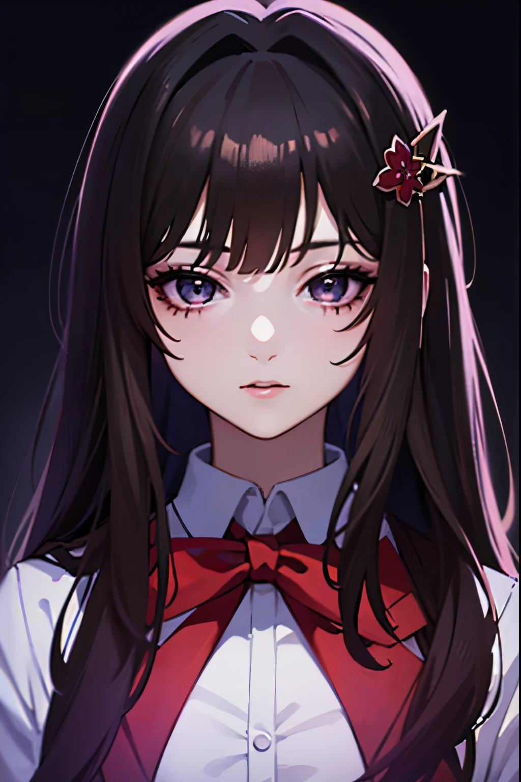 pioneer neckerchief, blue skirt, bangs, shirt, collarbone, white shirt, short sleeves, collared shirt, belt, red neckerchief, full height, hanako ikezawa, big purple eyes, long purple hair, (burn mark:1.3), hair covers right eye