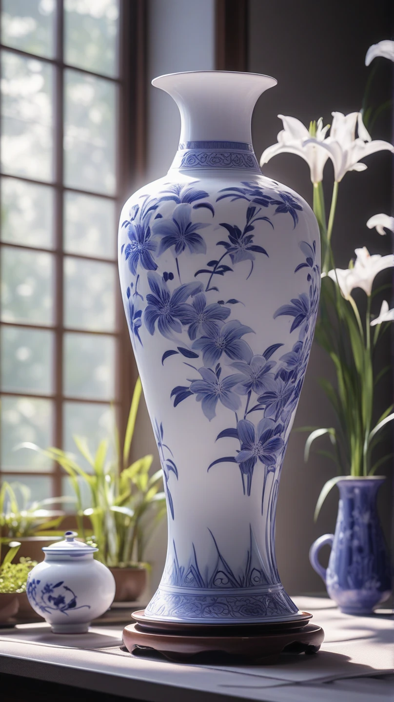 Black and silver Japanese pottery   , beautiful yellow camellias and purple berries are very long, narrow vase , soul,  fairy tale, soul、soul,   colorful  ,  Japanese garden 、  cinematic monotone lighting  , 8k, Bage design  、  High Quality  、   waving his greatest masterpieces 