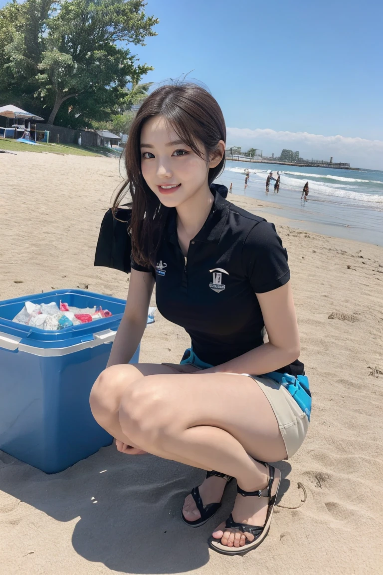 {A stunning Japanese-Korean lady, squatting in a polluted beach clean-up, at morning dawn, picking up plastic waste, sorting recyclables, with clean-up tools, nets, trash bags, grabbers, recycling bin. She is wearing T-shirt, Polo-Shirt, Volleyball attire, Tennis_Skirt, PT shorts, hand gloves, cap, visor, sandals,

Youthful charms, Friendly expression, Confident & Poised demeanor, smooth complexion, beautiful detailed face, beautiful detailed eyes & lips, long eyelashes, slender figure, perfect body proportion, snaggletooth, cute dimple, kind smile, Pinkish short straight hair, side ponytail, Curved in Blunt Bob, Asymmetrical Bob, Looking at viewer, 

Blurred background, Bokeh effect, ultra-detailed,
(best quality, 4k, 8k, high-resolution), 
(masterpiece:1.28), award-winning,
(realistic, photorealistic, photo-realistic:1.37),
HDR, UHD, studio lighting, ultra-fine painting,
Sharp Focus, physically-based rendering,
extreme detail description, professional photography, Vivid colors, Sunflare, SFW, Safe for Work,
Cowboy_Shot, Close-up Shot, High_Angle Shot,}