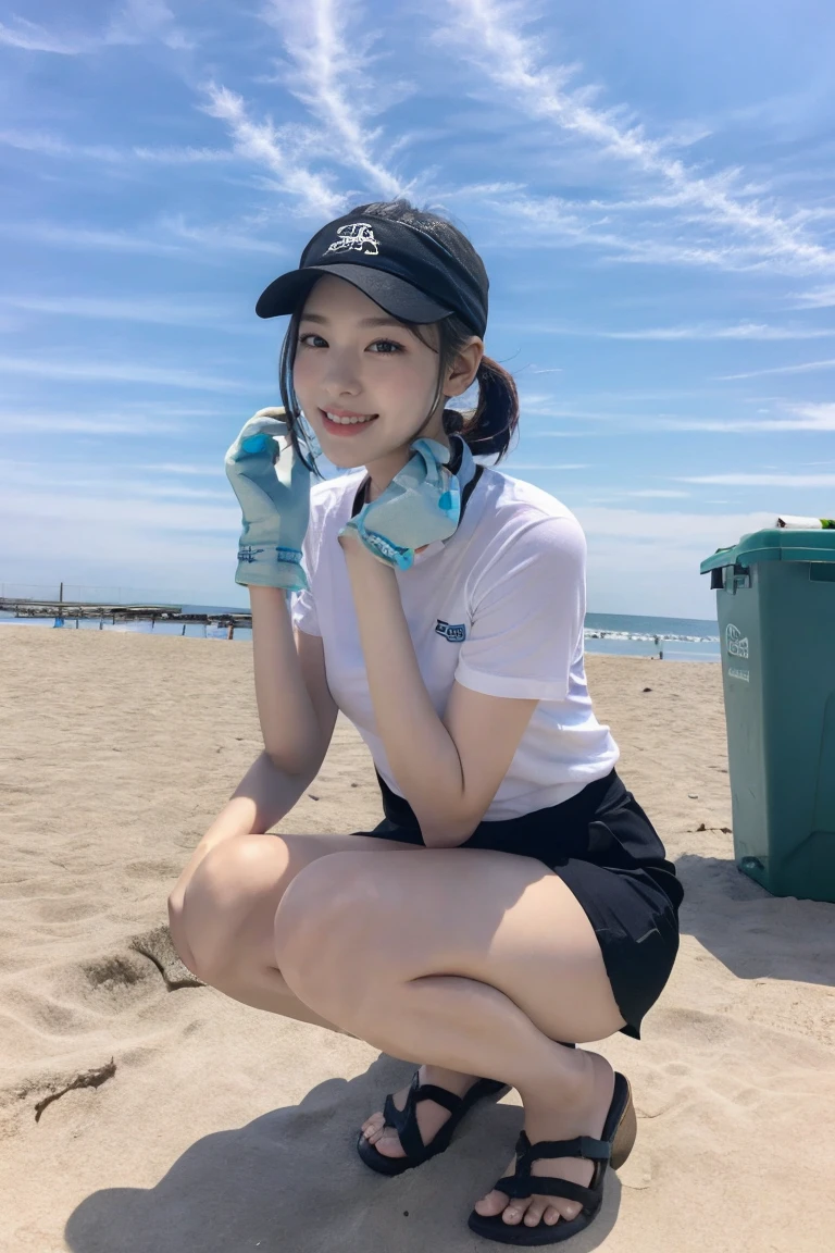 {A stunning Japanese-Korean lady, squatting in a polluted beach clean-up, at morning dawn, picking up plastic waste, sorting recyclables, with clean-up tools, nets, trash bags, grabbers, recycling bin. She is wearing T-shirt, Polo-Shirt, Volleyball attire, Tennis_Skirt, PT shorts, hand gloves, cap, visor, sandals,

Youthful charms, Friendly expression, Confident & Poised demeanor, smooth complexion, beautiful detailed face, beautiful detailed eyes & lips, long eyelashes, slender figure, perfect body proportion, snaggletooth, cute dimple, kind smile, Pinkish short straight hair, side ponytail, Curved in Blunt Bob, Asymmetrical Bob, Looking at viewer, 

Blurred background, Bokeh effect, ultra-detailed,
(best quality, 4k, 8k, high-resolution), 
(masterpiece:1.28), award-winning,
(realistic, photorealistic, photo-realistic:1.37),
HDR, UHD, studio lighting, ultra-fine painting,
Sharp Focus, physically-based rendering,
extreme detail description, professional photography, Vivid colors, Sunflare, SFW, Safe for Work,
Cowboy_Shot, Close-up Shot, High_Angle Shot,}