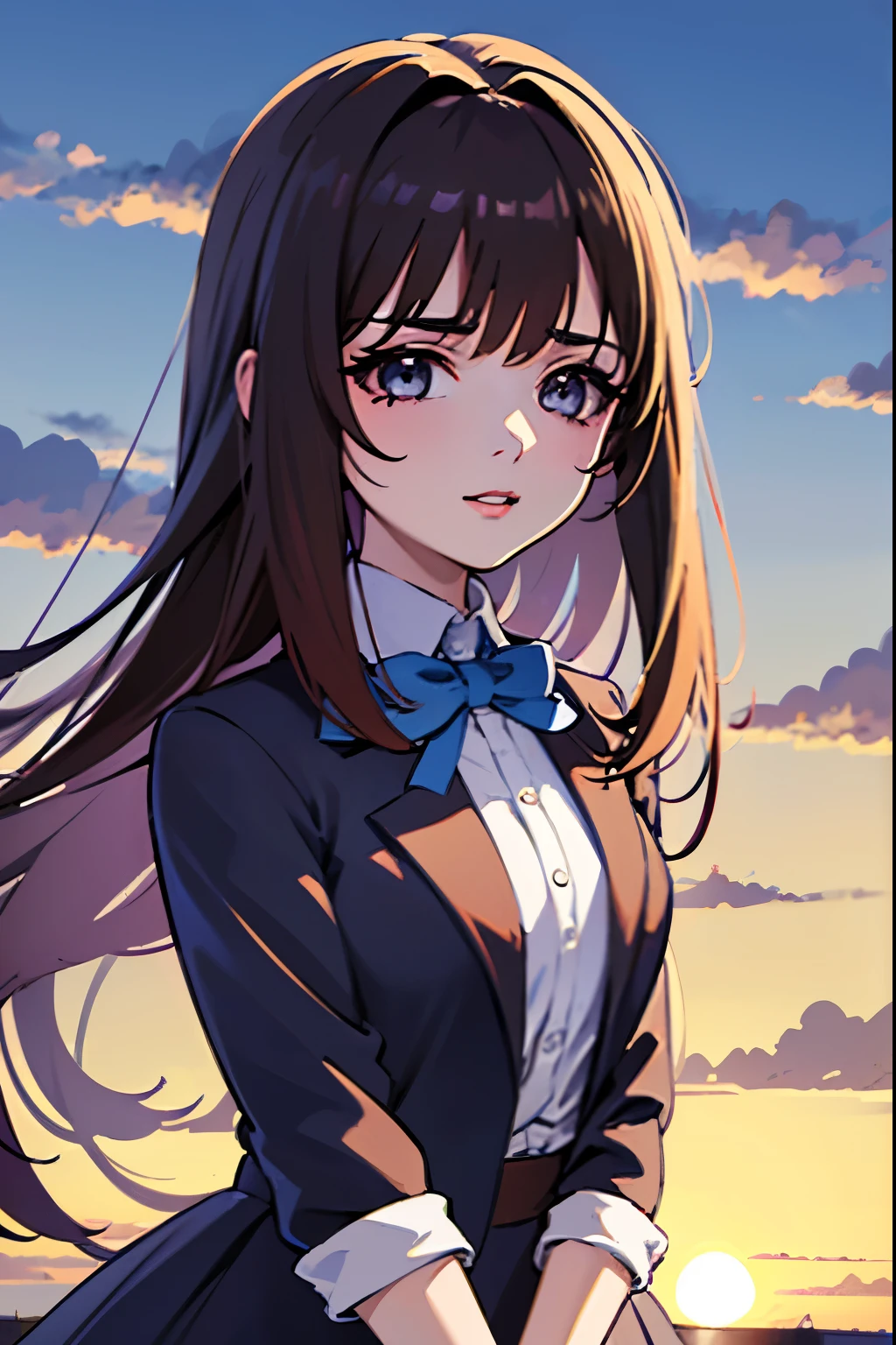 Anime girl with long hair in a suit and a bow,  realistic anime art style , anime girl portrait,  soft anime cg art , beautiful anime high school girl, realistic young anime girl,  portrait of an anime girl ,  anime style . 8K,  anime moe art style , Beautiful anime portrait,  High quality anime art style ,  anime style  portrait, attractive anime girl