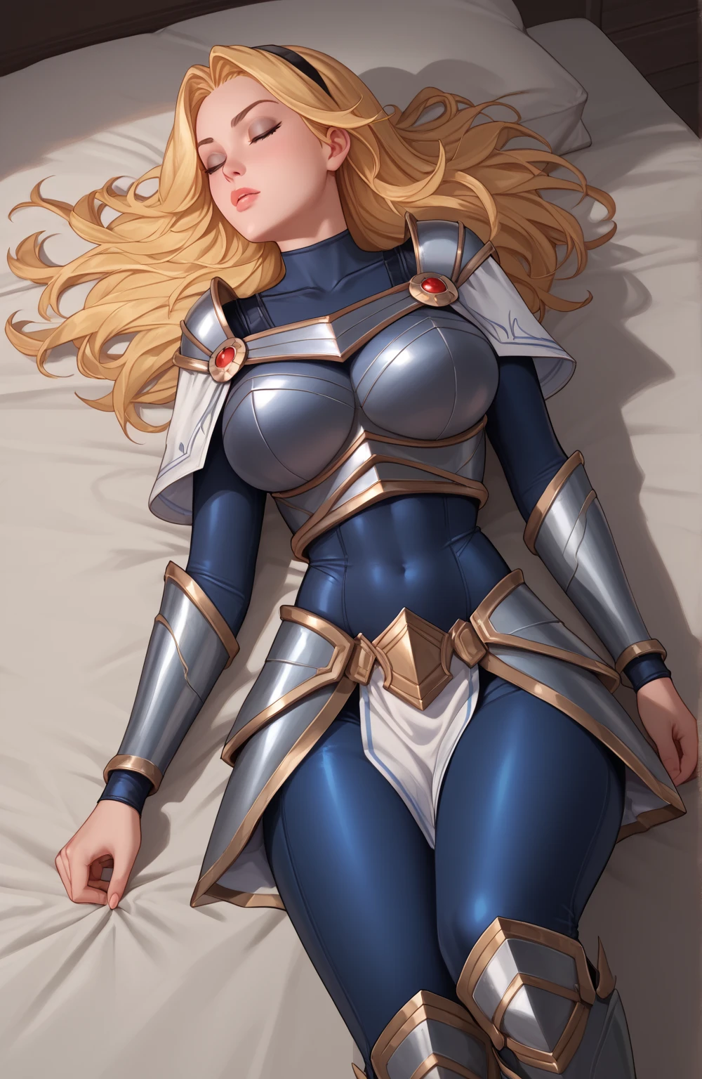 score_9, score_8_up, score_7_up, score_6_up, score_5_up, score_4_up, LuxLoLXL, blue eyes, blonde hair, long hair, black hairband, big breasts, collarbone, shoulder armor, armor, blue bodysuit, breastplate, long sleeves, faulds, skirt, blue pants, armored boots, ((((big breasts)))), alone, full body, knee high boots ,eyes closed, fainted, blows in the face, lying down, looking to the side, head to the side,tied,profile face, full body