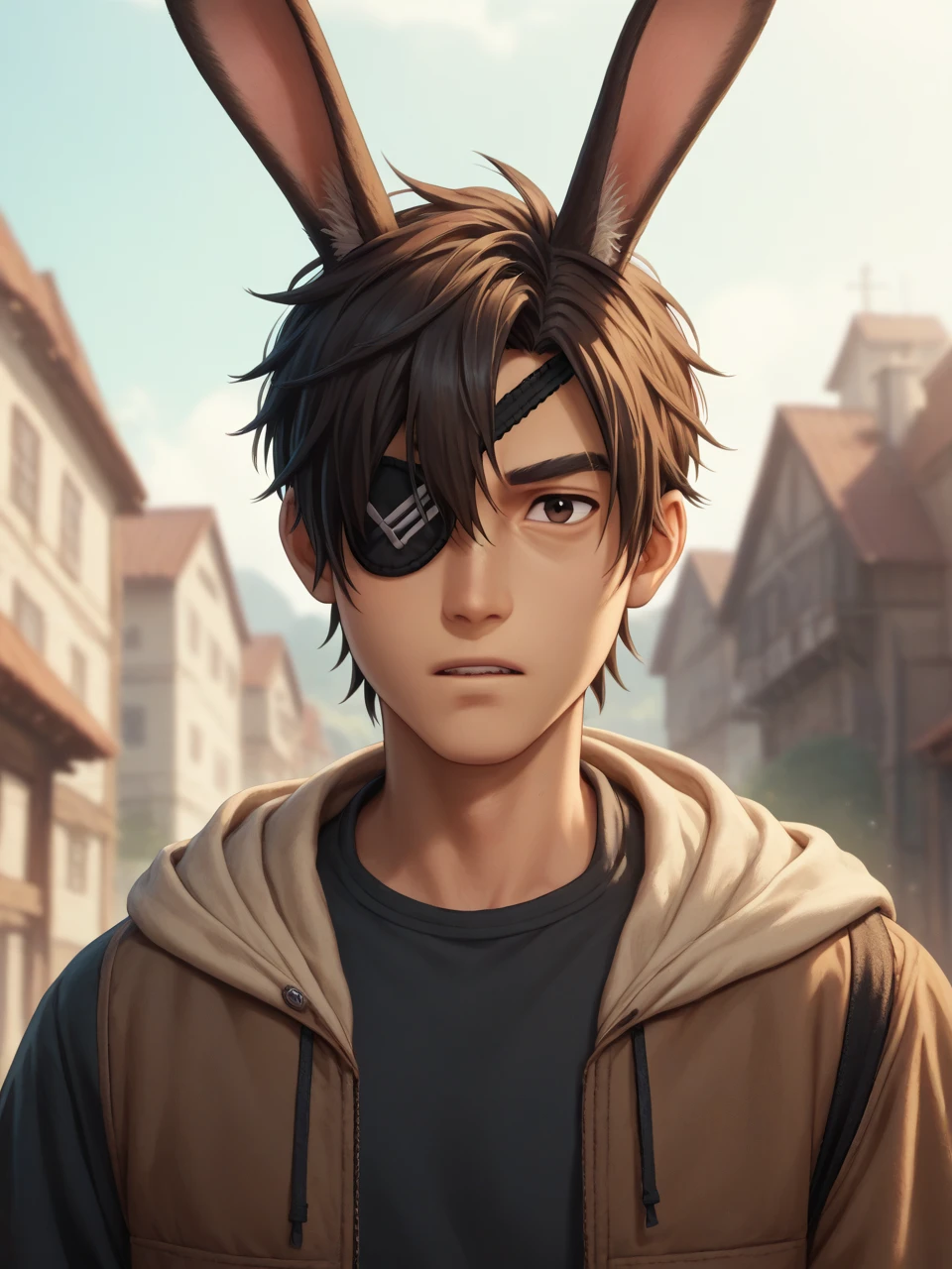 Score _9, Score _8_climb, Score _7_climb, Score _6_climb, Take a break,laikubo , 1boy, Alone, brown hair, brown eyes, hair over one eye, eyepatch,
   alone, brown, Black hair,, smileclimbper body,, day, outdoor,  looking at the audience ,  three-dimensional lighting, bunny girl outfit