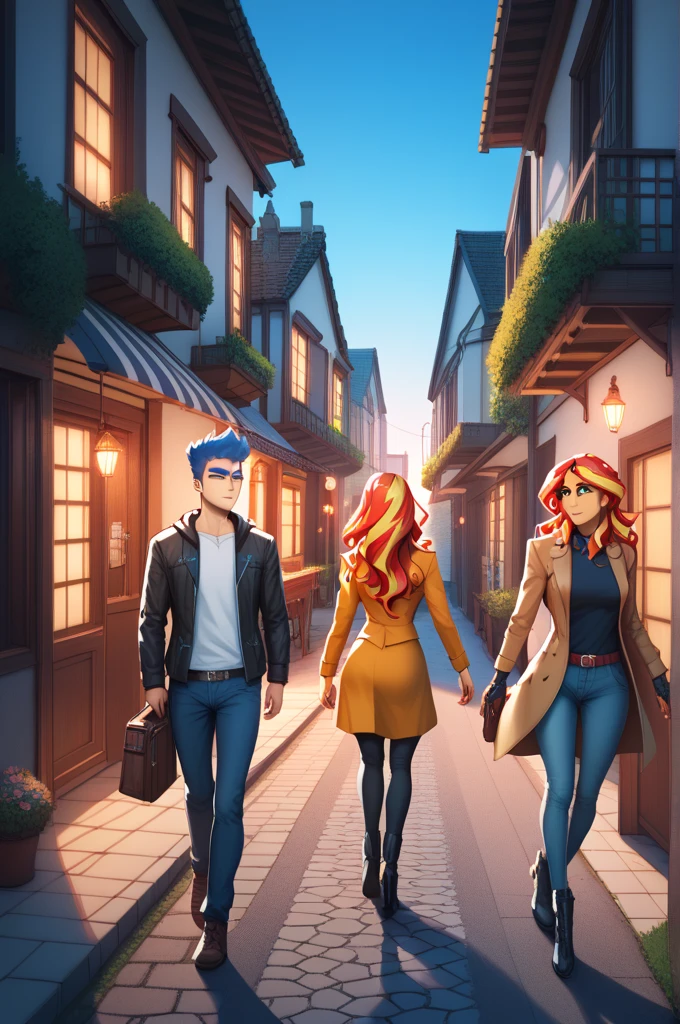 "Sunset Shimmer and Flash Sentry as a couple, walking on a street during the day, with some houses visible in the distant background. Comic e-book featuring three panels, HQ anime illustration, manga style, stkyswt speech bubbles, stkyswt details, vibrant colors, expressive character design, dynamic composition, and high-quality resolution. stkyswt delicate expressive faces, stkyswt road setting, stkyswt natural lighting, and soft shadows enhance the vibrant atmosphere."