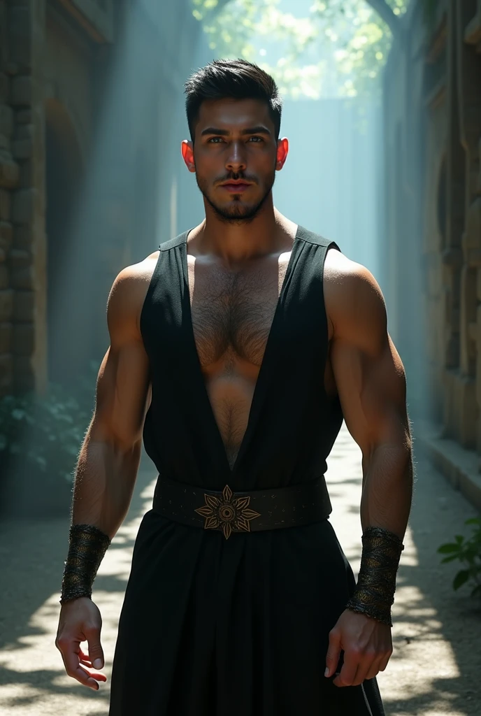 On a sunny day, ((artwork)) ((body completo)) ((30 year old man)) body: brownish skin, high, muscular, ((body hair)) (( hair)) male face, barba, beautiful eyes, detailed eyes ((Gold colored eyes)). Expression: Seductive, sonrisa Seductive. CLOTHES: Greek Cape, TOGA BLANCA, Gold ornaments, greek prince ornaments. pose: dynamic. scene: greek temple, Greek columns. Decor: winter, decoración de winter brillante, Wonderful lighting. Seed in the sky. mature male, Skinny and tall!(Chest hair:1.8) ! High detail 8K)! ((Realistically)), ! ! Popular clips! ( High-detail 8k ((realistically)), big hairy black areola! , best quality, r,More Detail!!Triangle low-rise !Mid-scene photography!hairy breasts, thick hair , Reddit, photo realism, , white hair! photo realism, !Short hair!! abs,