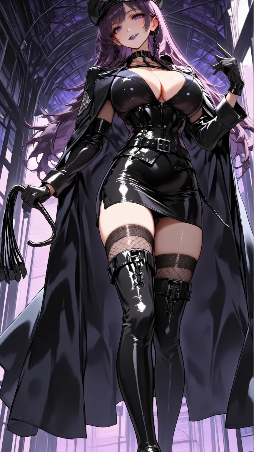  Young Beautiful Woman,(masterpiece, top quality, very detailed depiction, Incredibly Absurd High Definition ,Curvaceous Body,Beautiful legs,High quality skin),(Female executive of an evil organization:1.3),( Shiny Black Bondage Corset with Intricate Structures:1.3,Black Latex Tight Skirt :1.3, bodystocking ,military hat,Military cloak,Black leather belt, long gloves, leather choker, black tights, leather thigh-high boots),(Purple Eyes, my eyes are half closed:1.2, big breasts, bewitching smile,Shiny purple lips,Shadowed face,Seductive gestures, holding a whip in her hand :2.0), full body image , view from below,background:Bedroom at night,Dim atmosphere