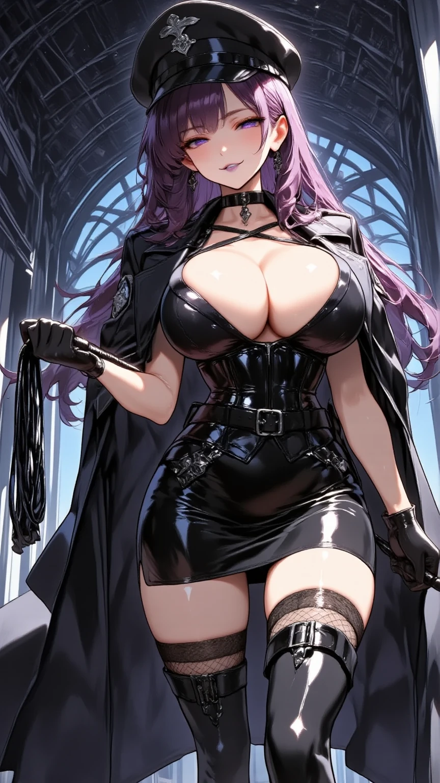  Young Beautiful Woman,(masterpiece, top quality, very detailed depiction, Incredibly Absurd High Definition ,Curvaceous Body,Beautiful legs,High quality skin),(Female executive of an evil organization:1.3),( Shiny Black Bondage Corset with Intricate Structures:1.3,Black Latex Tight Skirt :1.3, bodystocking ,military hat,Military cloak,Black leather belt, long gloves, leather choker, black tights, leather thigh-high boots),(Purple Eyes, my eyes are half closed:1.2, big breasts, bewitching smile,Shiny purple lips,Shadowed face,Seductive gestures, holding a whip in her hand :2.0), full body image , view from below,background:Bedroom at night,Dim atmosphere