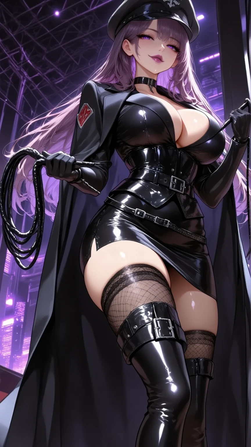  Young Beautiful Woman,(masterpiece, top quality, very detailed depiction, Incredibly Absurd High Definition ,Curvaceous Body,Beautiful legs,High quality skin),(Female executive of an evil organization:1.3),( Shiny Black Bondage Corset with Intricate Structures:1.3,Black Latex Tight Skirt :1.3, bodystocking ,military hat,Military cloak,Black leather belt, long gloves, leather choker, black tights, leather thigh-high boots),(Purple Eyes, my eyes are half closed:1.2, big breasts, bewitching smile,Shiny purple lips,Shadowed face,Seductive gestures, holding a whip in her hand :2.0), full body image , view from below,background:Bedroom at night,Dim atmosphere