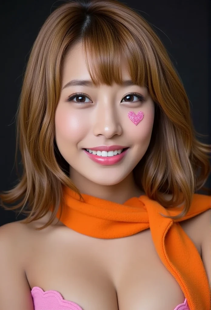  1 girl, NSFW, bangs, Blonde,full body(( huge breasts:2.0, erect nipples )),closed mouth,  eyelash , face, Floating Hair,  hair between eyes, heart, lips, lipstick,  long hair, looking at viewer, compensate, night null, nose,  closes one eye, orange scarf,  pink lips, pink scarf,  portrait,   purple eyes,  realistic ,  red lips,笑face, Alone, null間, spoken heart, star (null), starnull,  upper body, 