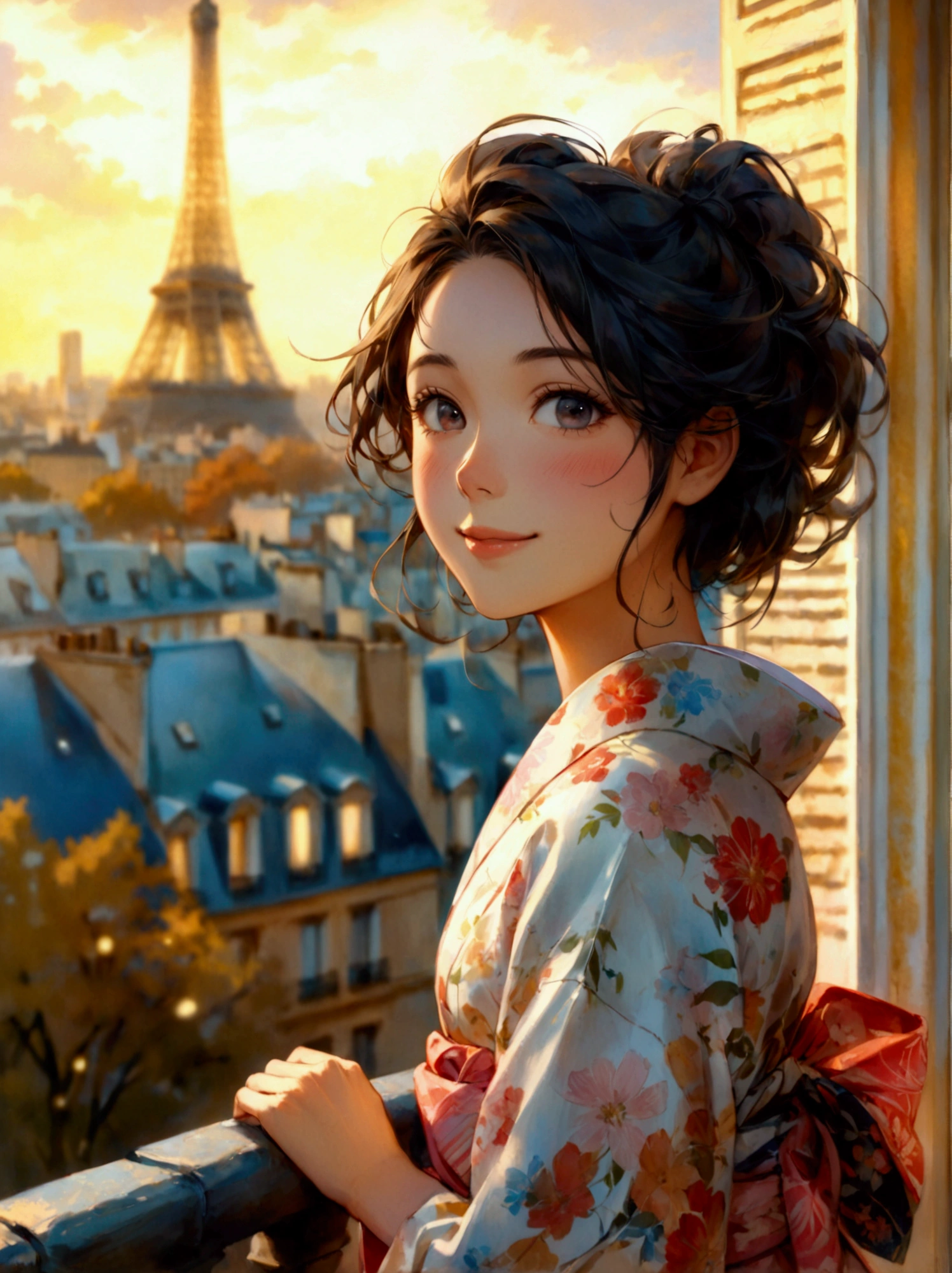 A medium-body shot of a cheerful young Japanese woman in her twenties, standing on a Parisian balcony and leaning against the handrail. She is looking directly at the viewer with a subtle smile, blush on her cheeks, radiated by her slanted beautiful black eyes. Her fair complexity smoothly glows, accentuating her diamond face shape, pointed nose, high cheek structure, and glossy lips. She wears a refined yukata with a vibrant geometric print referring an evening of a pleasant day in spring. This cinematic scene is set against the urban landscape of Paris featuring the Arc de Triomphe far away. ((medium body shot)), smile, (wide view), highly detailed, soft colors, natural tones