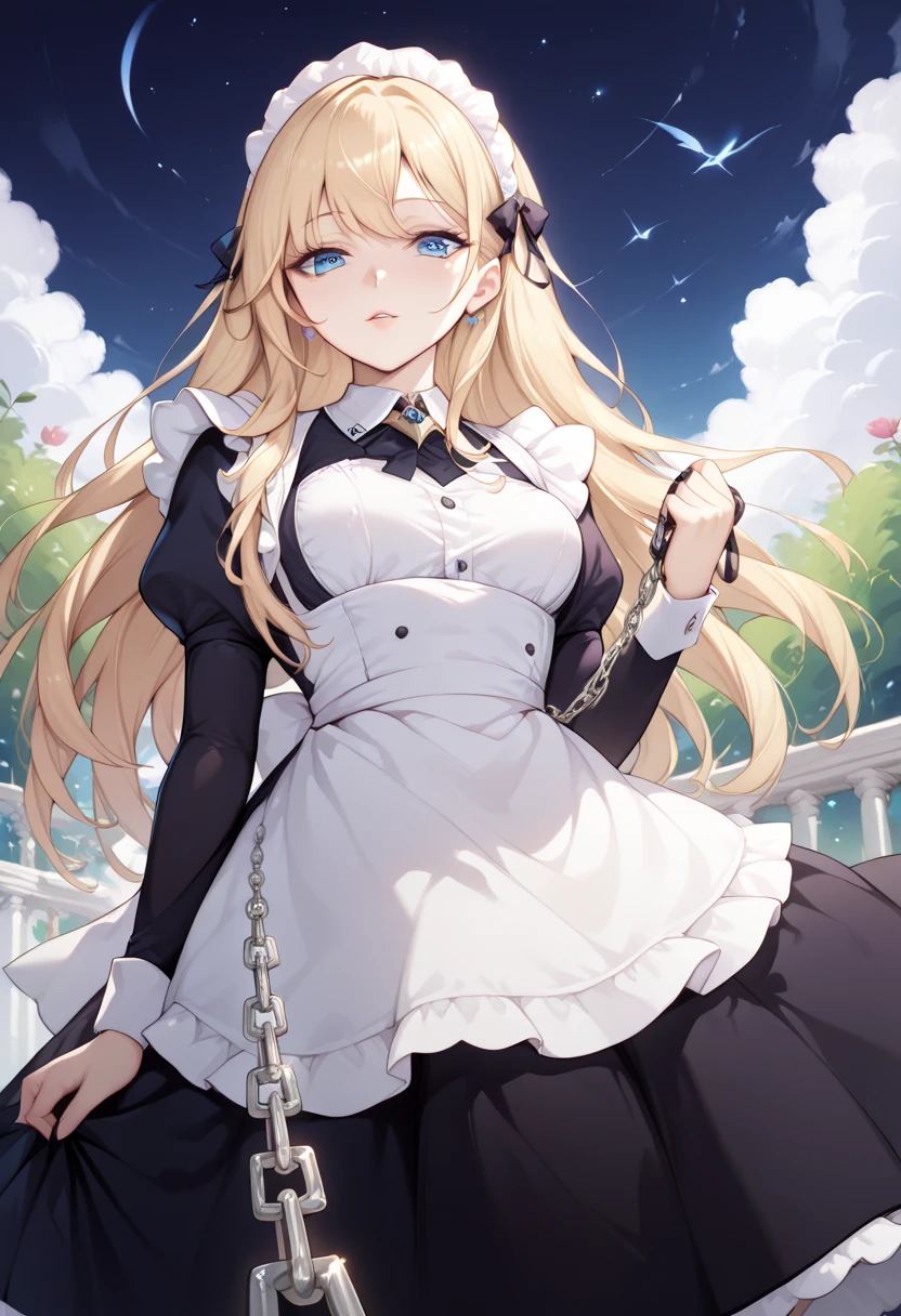  beautiful long blonde　maid, maid apron, maid headdress, puffy sleeves　Garden at Night　 whole body　 Viewer on Leash　CHAIN LEASH　PULL LEASH　 low angle　 Long Skirt　Outdoor