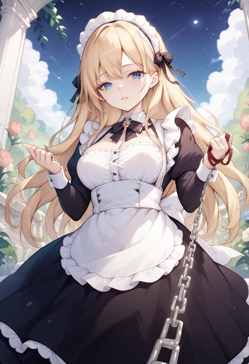  beautiful long blonde　maid, maid apron, maid headdress, puffy sleeves　Garden at Night　 whole body　 Viewer on Leash　CHAIN LEASH　PULL LEASH　 low angle　 Long Skirt　Outdoor　disdainful eyes