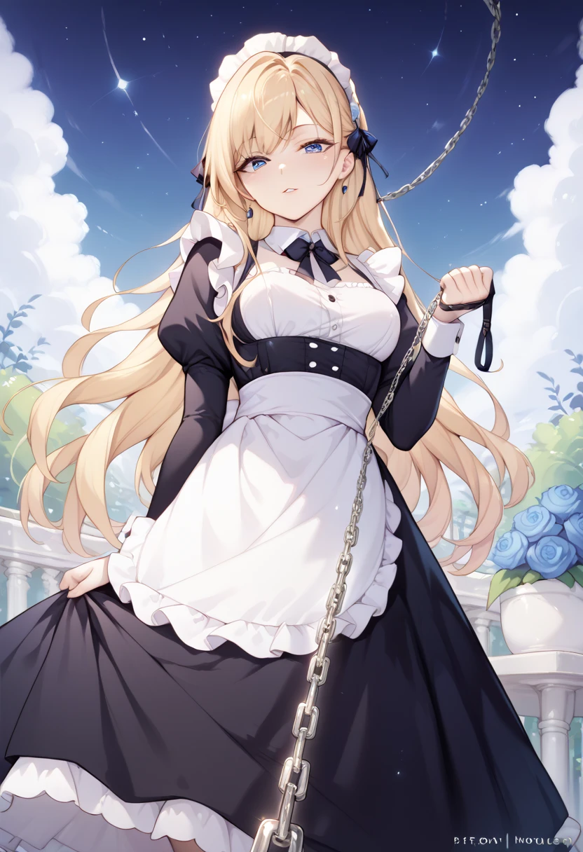  beautiful long blonde　maid, maid apron, maid headdress, puffy sleeves　Garden at Night　 whole body　 Viewer on Leash　CHAIN LEASH　PULL LEASH　 low angle　 Long Skirt　Outdoor　disdainful eyes