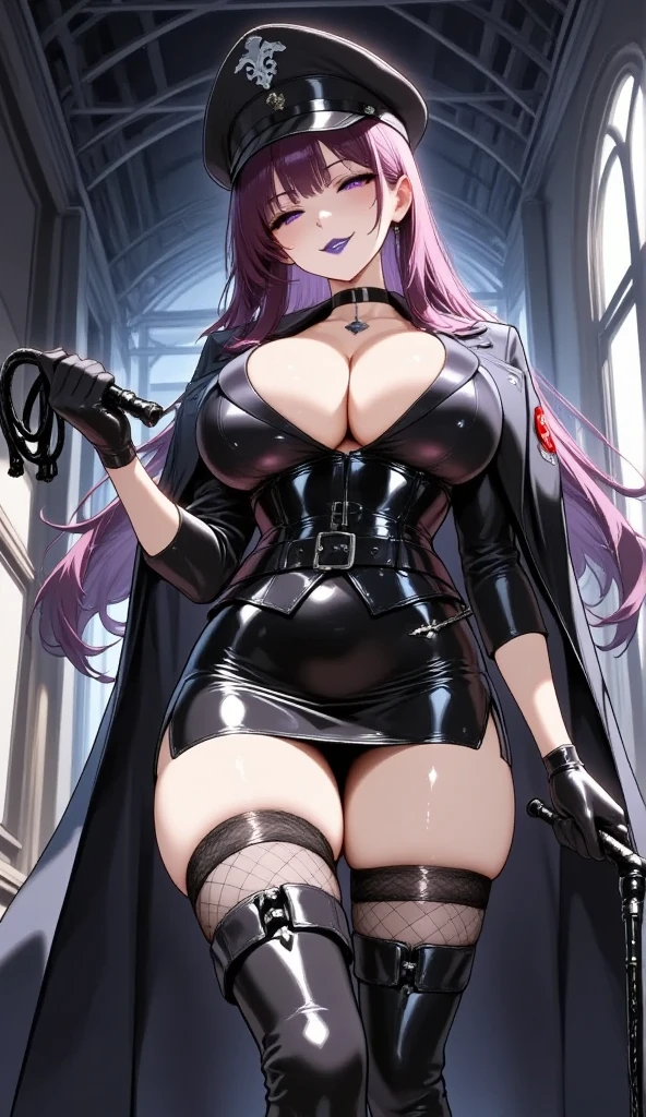  Young Beautiful Woman,(masterpiece, top quality, very detailed depiction, Incredibly Absurd High Definition ,Curvaceous Body,Beautiful legs,High quality skin),(Female executive of an evil organization:1.3),( Shiny Black Bondage Corset with Intricate Structures:1.3,Black Latex Tight Skirt :1.3, bodystocking ,military hat,Military cloak,Black leather belt, long gloves, leather choker, black tights, leather thigh-high boots),(Purple Eyes, my eyes are half closed:1.2, big breasts, bewitching smile,Shiny purple lips,Shadowed face,Seductive gestures, holding a whip in her hand :2.0), full body image , view from below,background:Bedroom at night,Dim atmosphere