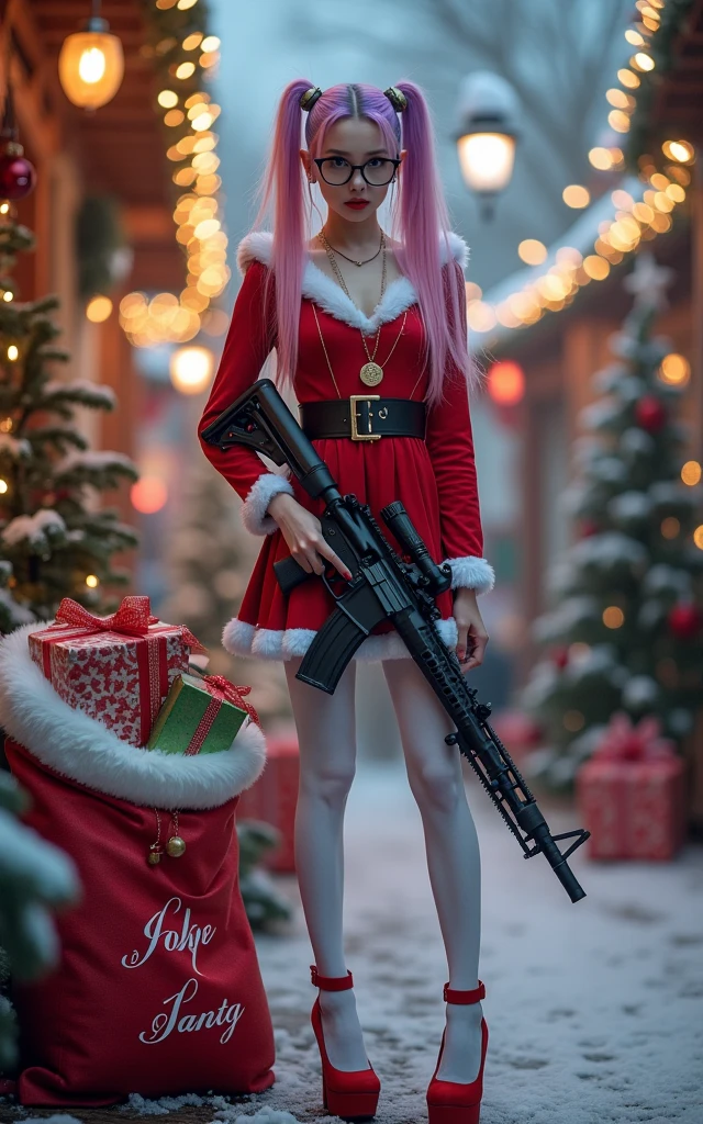 a cinematic full body pictrue of a Russian slim skinny teen girl holding an white AR-15 assult rifle, with white vampire color of skin with two pony tails long hair to the ground one side of here hair is pink the other side purple, heavy pastelle Make up with long eye lashes and pink rouge,oversized black thin glasses, with a necklace with the text "Love Santa" written on it. (Dressed as santa claus in a skin tight school girl with chrismast dress), super slim skinny waist, thin waist, skinny hourglass figure, super long skinny legs with white over the knee stockings, 20inch red platform high heels, She is standing besides a big santa sack with christmas presents, she is garding the presents, snow in the air evenning at the christmas market, beautiful worm light,  (holding an white AR-15 assult rifle), christmas theme background with christmas tree, full body shot, long shot, wida angel, full body legs and high heels, 