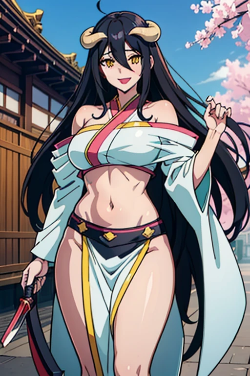 albedow, large breasts, long black hair, yellow eyes,  evil smile,  blush, lipstick, masterpiece, best quality, highly detailed, a anime girls in kimono dress with a sword posing for a
picture, bare shoulder,open kimono, evil smile, open mouth, crop top , (nsfw) not safe for work, smile,
ecchi anime style, anime girls, ecchi style, ecchi, digital anime art!!, in anime style, official artwork, visual
novel cg, beautiful anime girl, anime style 4 k, kimono pencil skirt, exposed belly, exposed navel,
exposed midriff, exposed lower belly, outdoor, japanese architecture, temple