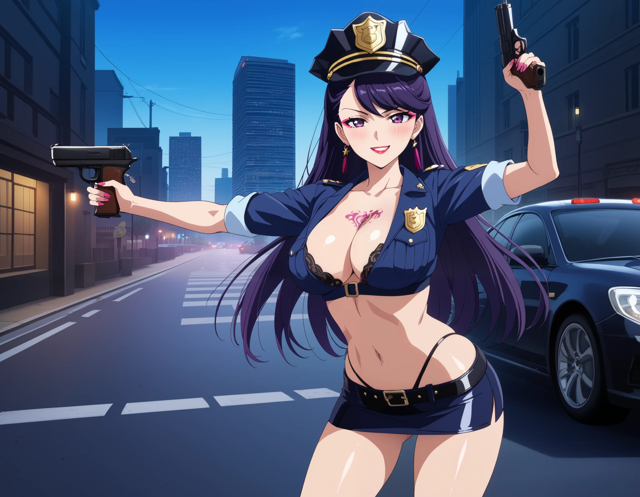 score_9, score_8_up, score_7_up, source_anime, anime screenshot,
1girl, solo, Purple hair, purple eyes, bangs, long hair, large breasts, makeup, lipstick, blush, lipstick,Hot girl, baddie, bad attitude, mean girl,, sensual, attractive, indoors, cityscape, building, nightclub, city lights, masterpiece, best quality, highly detailed, a anime girl in police uniforms , police outfit, military outfit,
open mouth, cleavage, evil smile, smile, ecchi anime style, anime girl, digital anime art!!, in anime
style, (nsfw) not safe for work, official artwork, , beautiful anime girl, anime style 4 k, micro pencil
skirt, pencil skirt, micro skirt, exposed
belly, exposed navel, exposed midriff, exposed lower belly, holding a gun, holding pistol,next to police
car,outdoor,street,road, police car,, dual wielding , dragon tattoo, tattoo on body, tattoo midriff, tattoo, shiny skin, open arms sideway, arms T-pose, smirk, standing, anime girl T posing