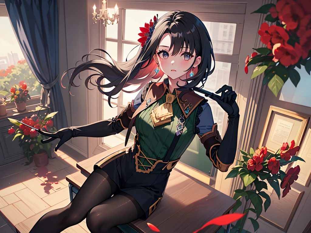 (solo:2),(human girl, human ears:2),(leaning on desk:2),(looking down at camera:1.5),(long black hair:2),(earrings:2),(blouse, collar, opera gloves, tie, pantyhose:2),(luxurious blue vest, high waist:2),(small breasts:2),(surrounded by lots of red flowers:2),(sunset sky, sunset, twilight, strong wind),(((high resolution, masterpiece, accurate, anatomically correct, multiple awards, top quality, detailed, high quality, extremely detailed, ultra high resolution)))