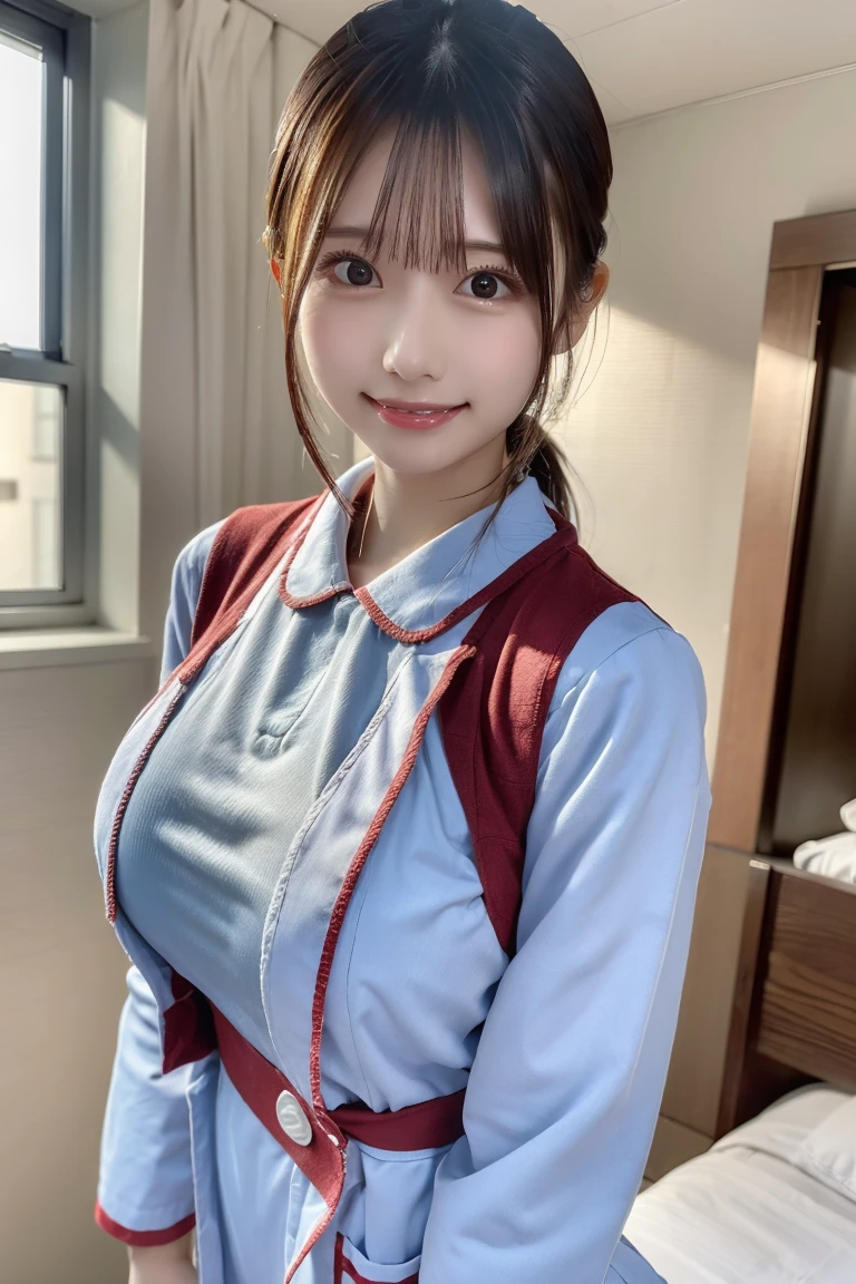 (8k, RAW Photo, Best Quality, Masterpiece: 1.3), breakone girl, (a beauty girl, delicate girl:1.3), (21 years old:1.5), break, (Blue going out dress:1.3), break, Extremely fine grain definition, (Symmetrical eyes:1.3), break, Small breasts, Brown eyes, Parted bangs, brown hair, girl, break, (Eye and facial details:1.3),break,smile, (Shinkansen platform:1.3),Travel Bag