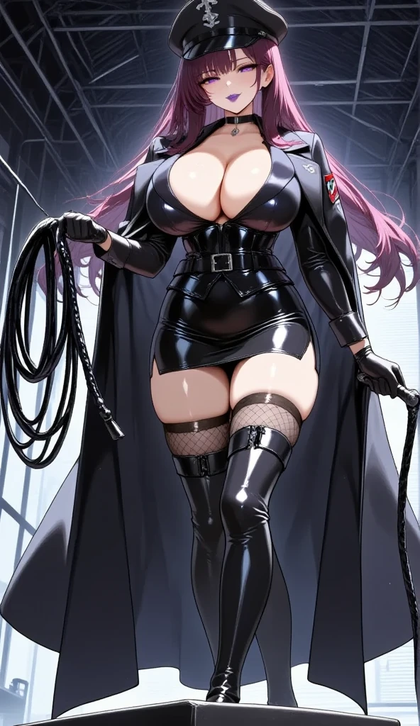  Young Beautiful Woman,(masterpiece, top quality, very detailed depiction, Incredibly Absurd High Definition ,Curvaceous Body,Beautiful legs,High quality skin),(Female executive of an evil organization:1.3),( Shiny Black Bondage Corset with Intricate Structures:1.3,Black Latex Tight Skirt :1.3, bodystocking ,military hat,Military cloak,Black leather belt, long gloves, leather choker, black tights, leather thigh-high boots),(Purple Eyes, my eyes are half closed:1.2, big breasts, bewitching smile,Shiny purple lips,Shadowed face,Seductive gestures, holding a whip in her hand :2.0, forward leaning position), full body image , view from above,background:Bedroom at night,Dim atmosphere