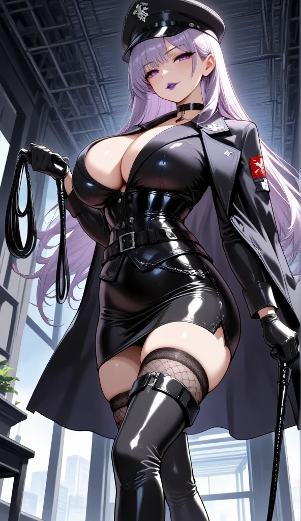  Young Beautiful Woman,(masterpiece, top quality, very detailed depiction, Incredibly Absurd High Definition ,Curvaceous Body,Beautiful legs,High quality skin),(Female executive of an evil organization:1.3),( Shiny Black Bondage Corset with Intricate Structures:1.3,Black Latex Tight Skirt :1.3, bodystocking ,military hat,Military cloak,Black leather belt, long gloves, leather choker, black tights, leather thigh-high boots),(Purple Eyes, my eyes are half closed:1.2, big breasts, bewitching smile,Shiny purple lips,Shadowed face,Seductive gestures, holding a whip in her hand :2.0, forward leaning position), full body image , view from above,background:Bedroom at night,Dim atmosphere