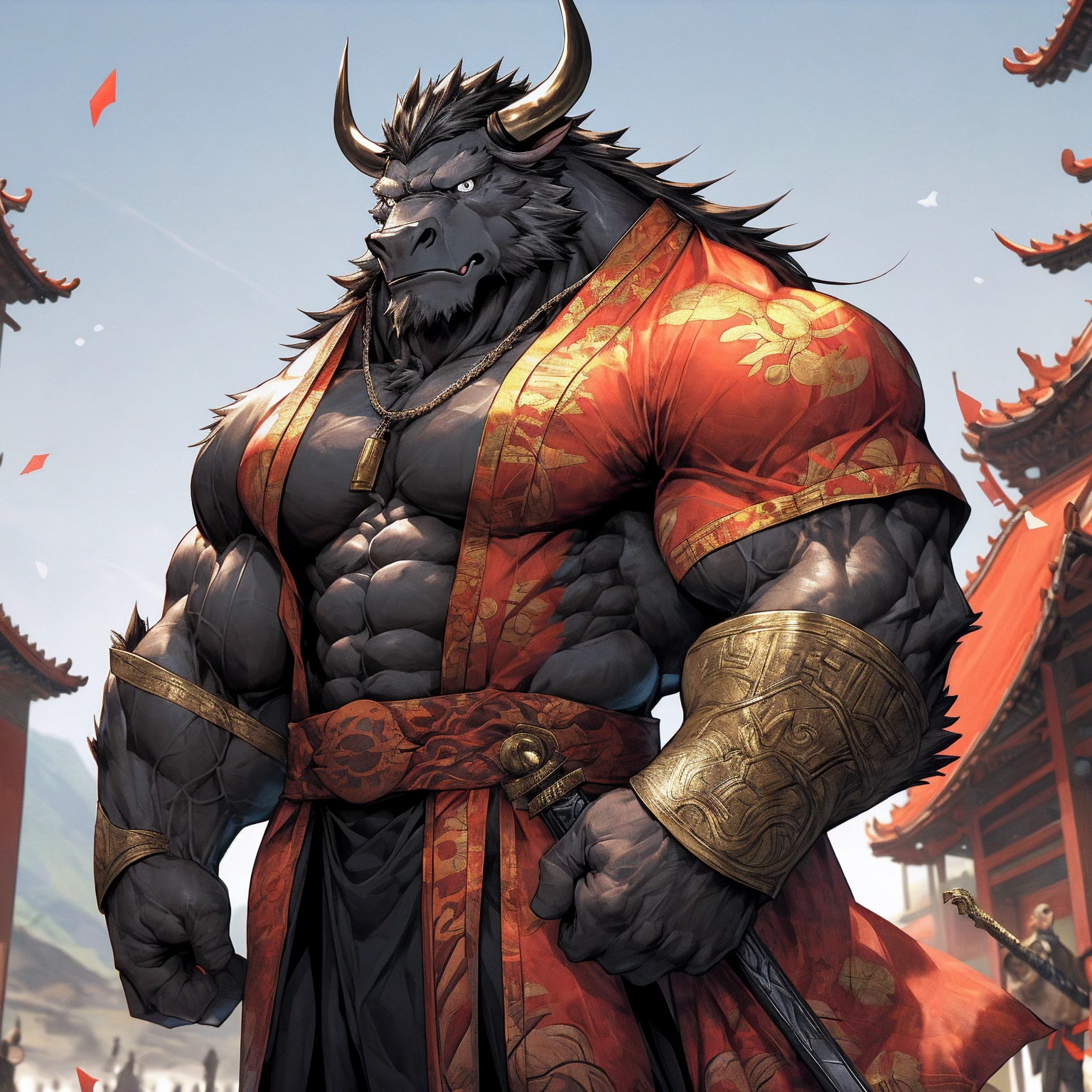 (Black Bull),(身上穿黑色的风衣 露出muscle ), Strong Gesture ,Standing confidently and proudly , Chinese style holding a sword and looks at the serious face of middle-aged people in the distance in Longcheng,Strong,muscle,( high resolution:1.3) General Ox