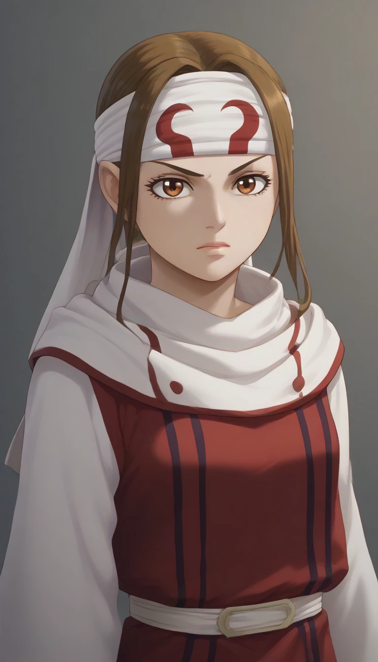 cowboy shot  masterpiece, super detail, high details, high quality, best quality, highres, 1080P, 8k, 16k  brown eyes very accurate clothing  score_9, score_8_up, score_7_up, ((cowl)) (((headband on forehead))) detailed clothing beautiful girl kyoukai  