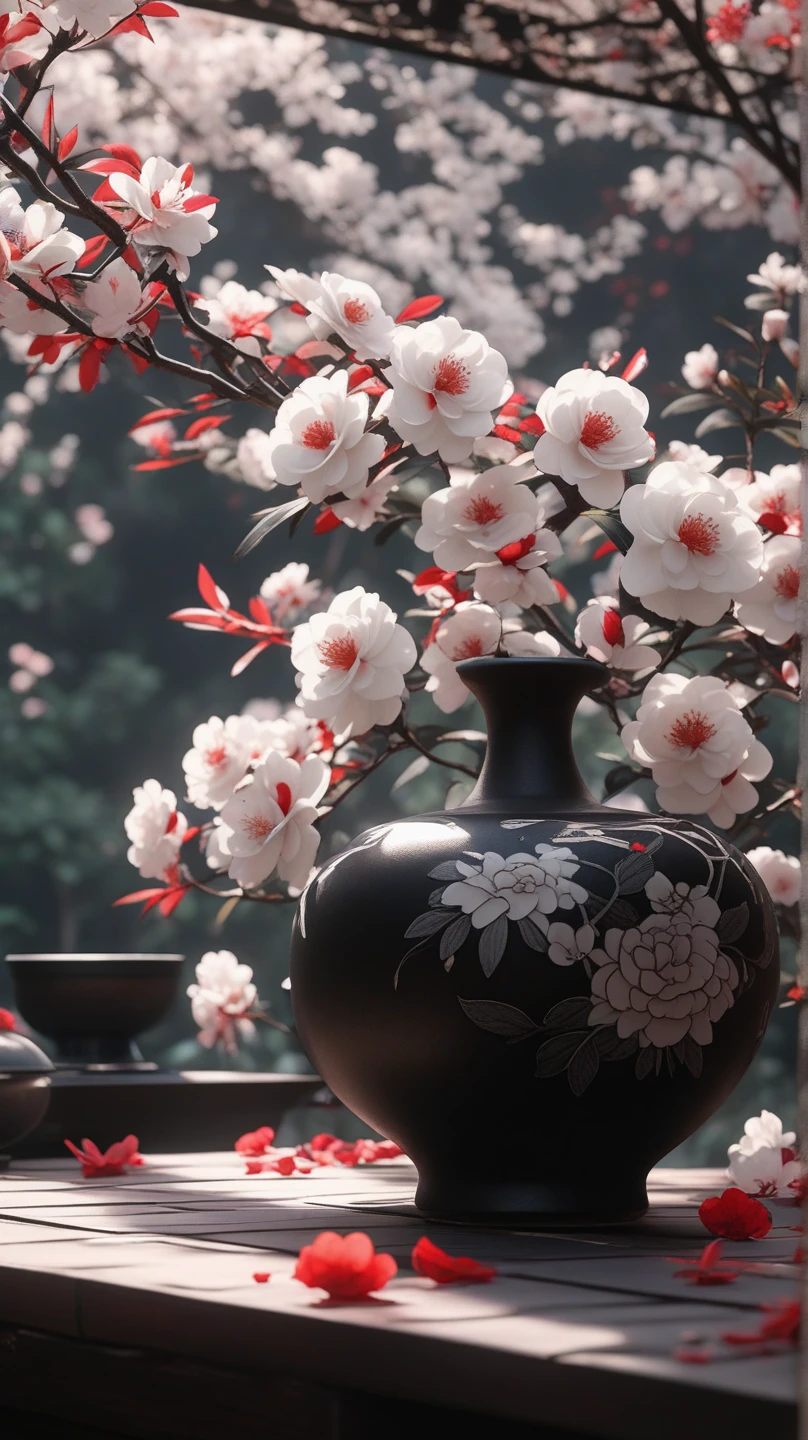 Black and silver Japanese pottery   , beautiful yellow camellias and purple berries are very long, narrow vase , soul,  fairy tale, soul、soul,   colorful  ,  Japanese garden 、  cinematic monotone lighting  , 8k, Bage design  、  High Quality  、   waving his greatest masterpieces 