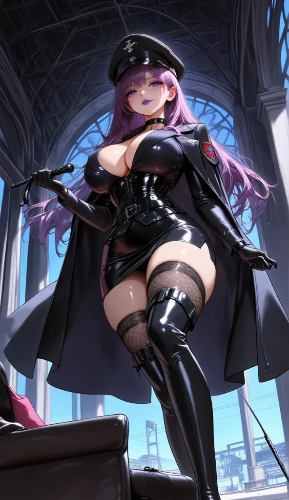  Young Beautiful Woman,(masterpiece, top quality, very detailed depiction, Incredibly Absurd High Definition ,Curvaceous Body,Beautiful legs,High quality skin),(Female executive of an evil organization:1.3),( Shiny Black Bondage Corset with Intricate Structures:1.3,Black Latex Tight Skirt :1.3, bodystocking ,military hat,Military cloak,Black leather belt, long gloves, leather choker, black tights, leather thigh-high boots),(Purple Eyes, my eyes are half closed:1.2, big breasts, bewitching smile,Shiny purple lips,Shadowed face,Seductive gestures, holding a whip in her hand :2.0, forward leaning position), full body image , view from above:2.0,background:Bedroom at night,Dim atmosphere