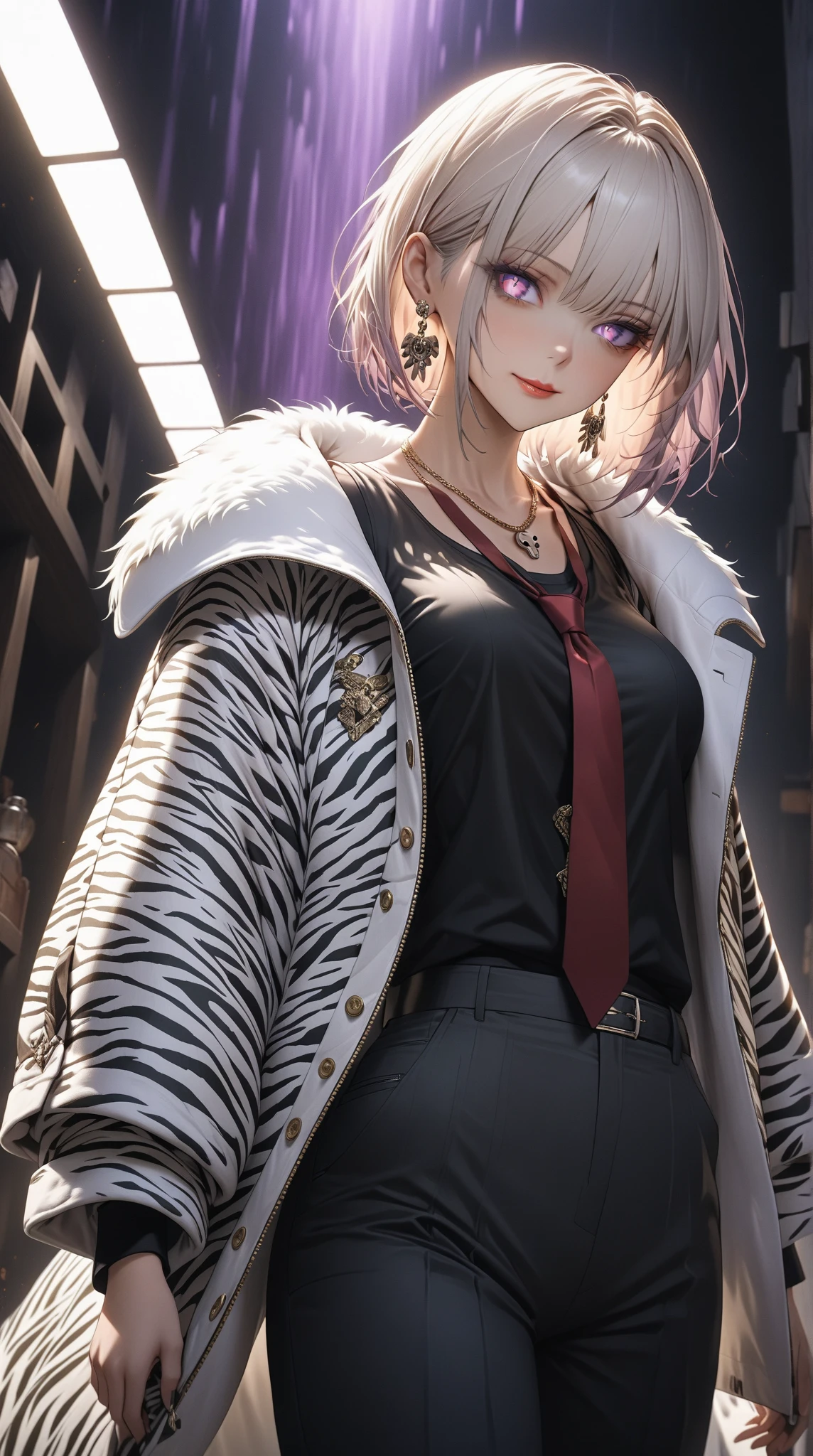 score_9, score_8_up, score_7_up, score_6_up, masterpiece, best quality, intricate details, 1girl, skinny, tall, curly bob cut hair \(white highlight, zigzag pattern\), earrings, old lady, large fur coat \(fluffy, zebra pattern\), chequered vest, necktie \(zebra pattern\), red slack pants, red glove, standing, angry stare, eye scar, one glowing red eye, one dark brown eye, skull necklace, low angle, holding purple fire, purple fire, purple light, dark background,