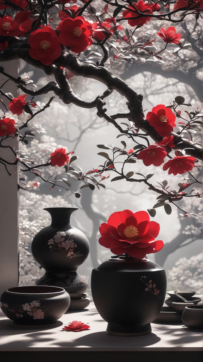 Black and silver Japanese pottery   , beautiful yellow camellias and purple berries are very long, narrow vase , soul,  fairy tale, soul、soul,   colorful  ,  Japanese garden 、  cinematic monotone lighting  , 8k, Bage design  、  High Quality  、   waving his greatest masterpieces 