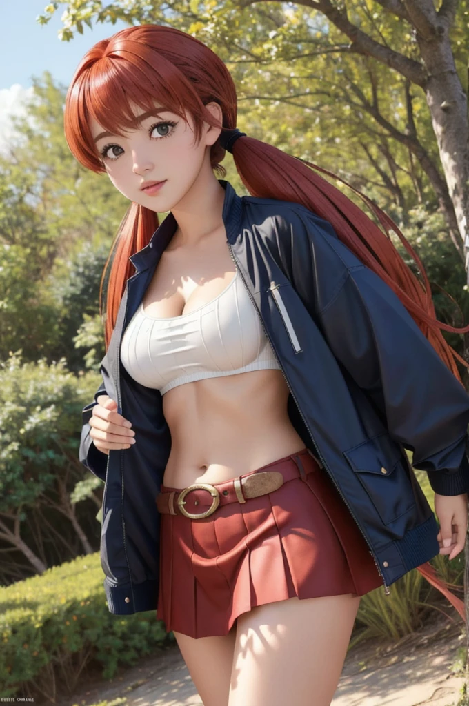 professional photo of Awaki, 1girl, sarashi, skirt, belt twintails, jacket, long_hair, red hair, navel, Big Breast,
detailed skin, detailed eyes, finely detailed hair,
volumetric light, highrez, masterpiece, best quality,
wilderness