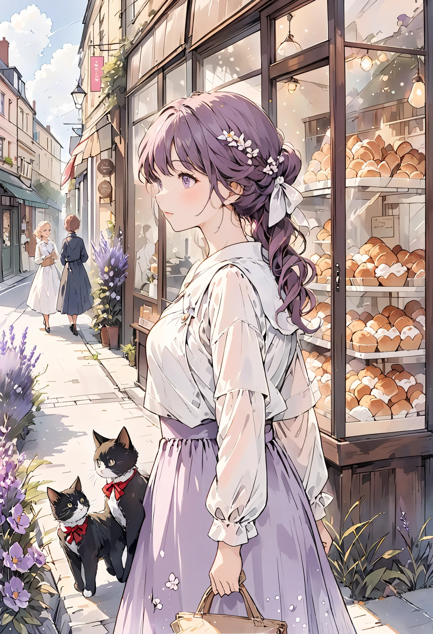 Universe, Illustration with wistaria as the main color, Someone's signature, Maison, city of Manchester, Lavender flowers, Cat walking leisurely on the street, A woman as beautiful as Grace Kelly stands pensive in front of a bakery, She is very fashionable and looks like she is waiting for someone, Nature, Lavender mauve illustration, lilac illustration, rasberry illustration, framboise illustration, rose tendre illustration, Energy, mauve illustration, There are stores with teddy bears on, display, Department, for you