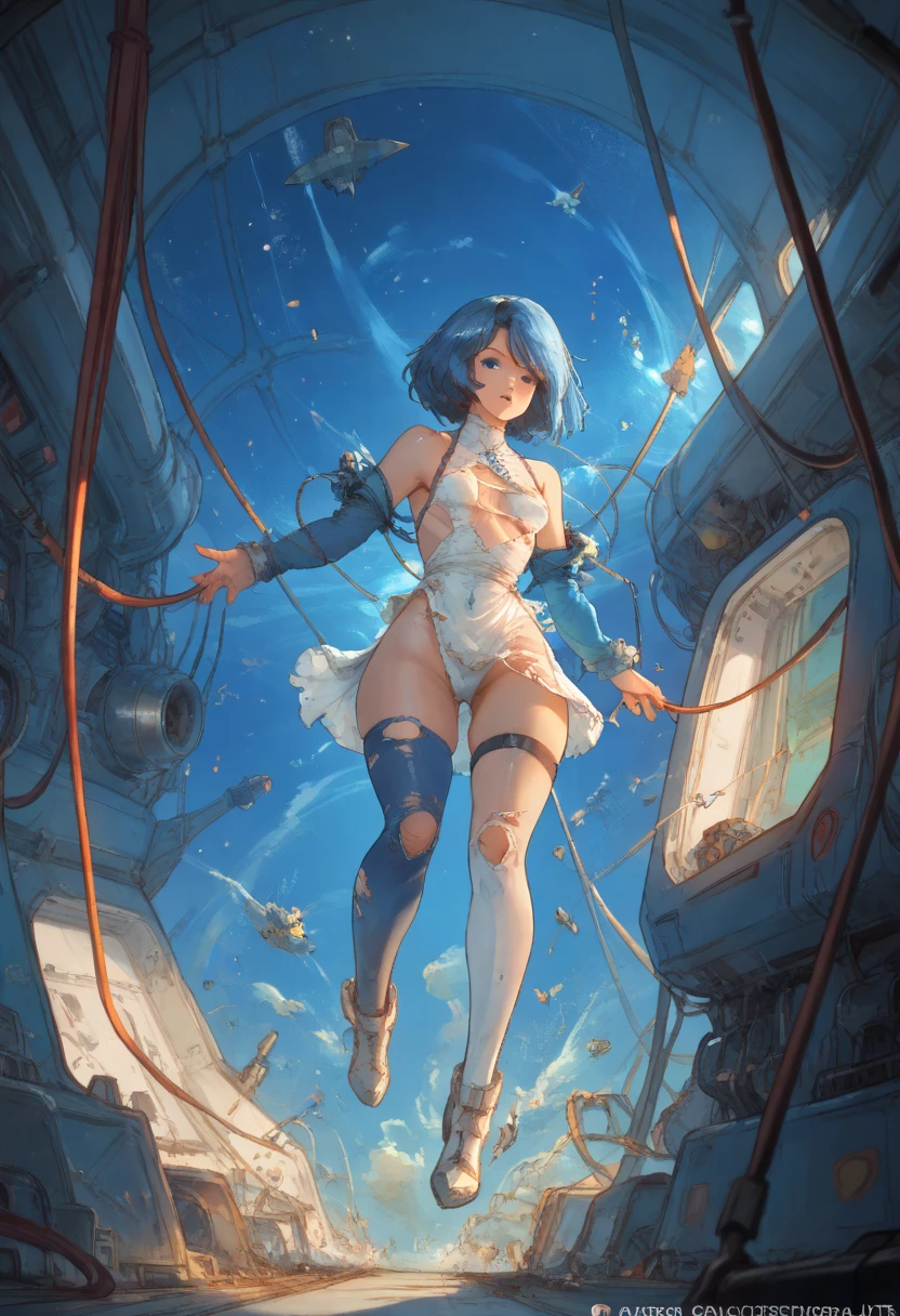 mecha girl, blue hair, blue eyes, tube,wire, torn cloth,inside aircraft,galaxy,2b nier, 