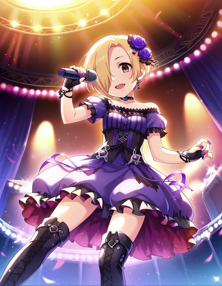 score_9, score_8_up, score_7_up,  source_Anime,
pinup of 1girl, Alone,  Idol Concerts, Singing ,   holding microphone, looking at viewer,   stage, GOTHIC THEME , Purple curtains, Black Wall, Grave,  stage lights,   WITH SPOTLIGHT , 
 Surskum,  short hair, Blonde, Hair on one eye,  brown eyes,  flat chested,  small breasts, 
 idol costume ,   black dress,  purple dress, Short sleeve,  Golden embroidery, Hair hair ornament , hair flower, miniskirt,   Black Thigh High ,  absolute domain, Knee Boots,  choker ,  purple ribbon ,Fingerless gloves,  nail polish , 
 Details Eyes , Eye Reflexes,