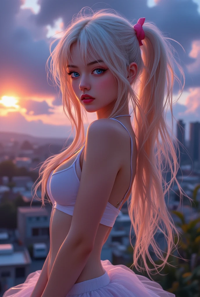 Hyper-realistic anime art in the style of Helmut Newton with influences of J. Scott Campbell featuring Sailor Moon heroine wearing a ballet tutu, her big expressive eyes sporting a gentle smile as she gazes into the camera, poised at the apex of a shadowy urban rooftop, whimsically dreamy panorama enveloping her in brilliant hues, slightly unsettled by an aura of enigma, anatomically perfect. ultra fine, industrial scenes. Imagine the image rendered in high resolution, with the visual fidelity of a high-quality professional photograph, featuring a delicate bokeh effect, soft natural lighting, and the crisp sharpness of a Canon EF lens, shot on a 64-megapixel DSLR camera, with a precise focus that draws the viewer's eye to the heart of the composition., pure perfection. High Resolution, High Quality